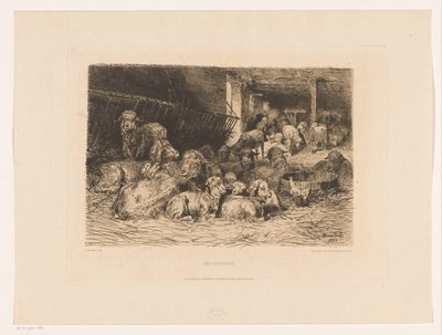 Interiör av ett fårhus Une bergerie (titel på objekt) av Albert Heinrich Brendel