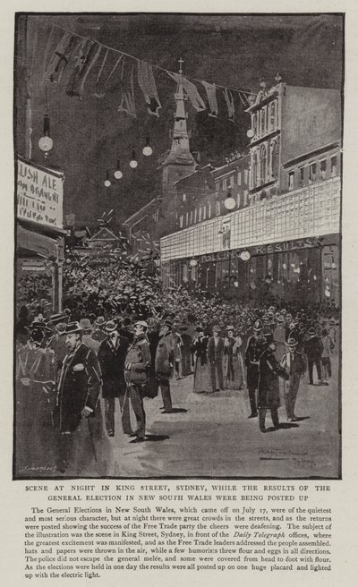 Scene at Night i King Street, Sydney, medan resultatet av det allmänna valet i New South Wales lades upp av Albert Henry Fullwood