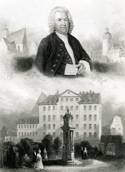 Porträtt av Johann Sebastian Bach (1685-1750) och monument av Albert Henry Payne