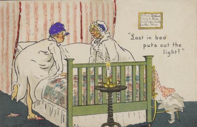 "Sist i sängen släcker ljuset!" (färg litho) av Albert Jnr. Ludovici