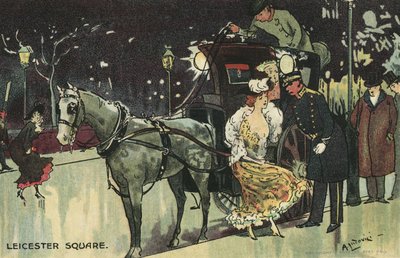 Kvinna som lämnar en vagn, Leicester Square (färg litho) av Albert Jnr. Ludovici