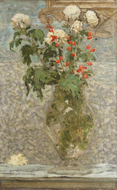 Vita krysantemum och röda bär (olja på duk) av Albert Joseph Moore