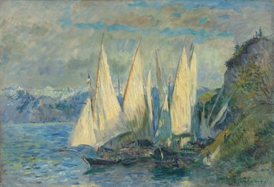 Båtar med stora segel på Genèvesjön vid Meillerie i Haute-Savoie av Albert Lebourg