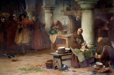 Saint Bonaventure (San Bonaventura) (1217-1274) tar emot den lila kardinalen En hög tjänsteman i Vatikanen tar med kardinalens bar till munken som upptar menageriverksamheten i klostret. Målning av Albert Pierre Dawant (1852-1923) 1897 Sön. 1,4x av Albert Pierre Dawant