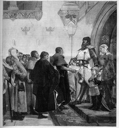 Renaud av Bourgogne ger medborgarna i Belfort portobrevet. Behövde pengar för att föra sitt krig mot kejsar Rodolphe I av det heliga riket, Renaud de Bourgogne (död 1321) befriade staden Belfort 1307, med hjälp av av Albert Pierre Rene Maignan