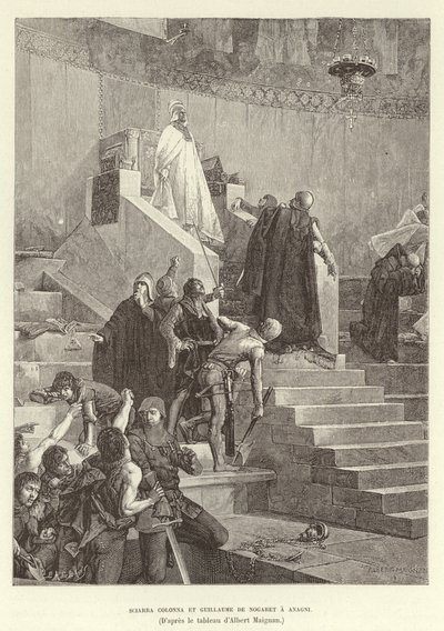 Sciarra Colonna och Guillaume de Nogaret i Anagni. Sciarra Colonna och Guillaume de Nogaret konfronterar påven Boniface VIII i Anagni, Italien av Albert Pierre Rene Maignan