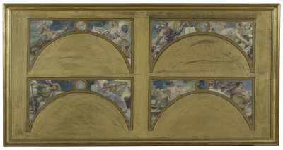 Skiss till Salon des Lettres i Paris stadshus: de stora litterära verken (La Chanson de Roland, Le Misanthrope, Eviradnus, Mimi Pinson, Le Cid, Phèdre, Pantagruel, La Cigale), cirka 1890 (olja på svart tusch på duk) av Albert Pierre Rene Maignan