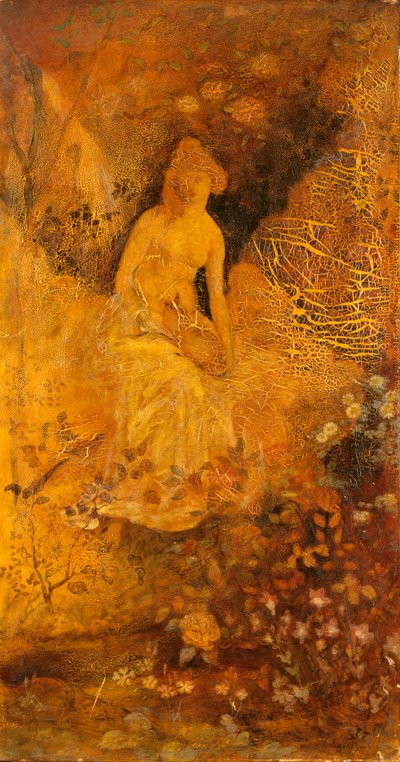 Panel för en skärm: Kvinna med en hjort, ca. 1876. av Albert Pinkham Ryder