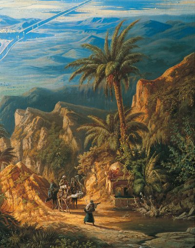 Vy över Suezkanalen, detalj: Husvagnar och palm (olja på duk) av Albert Rieger