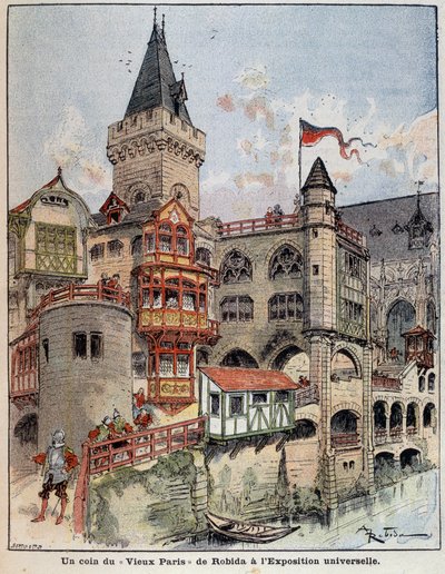 Ett hörn av Robidas "Gamla Paris" på världsutställningen. Omslag "" Den lille fransmannen illustrerad"" av 1900-05-26. av Albert Robida