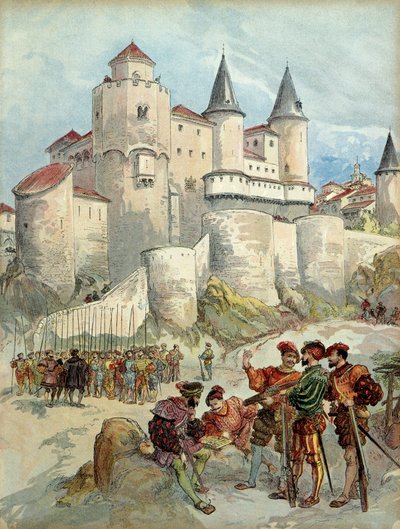 En fånge, Francois 1st (1494-1547) var inlåst i ett torn på Alcazar i Madrid (Spanien) fram till 1526. Illustration. av Albert Robida