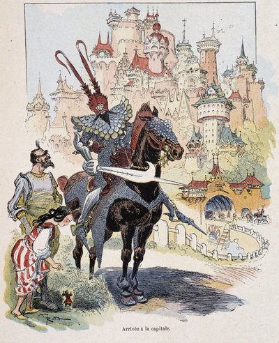 Ankomst till huvudstaden - i "" Gulliver Voyages"" av Swift, ill. av Robida av Albert Robida