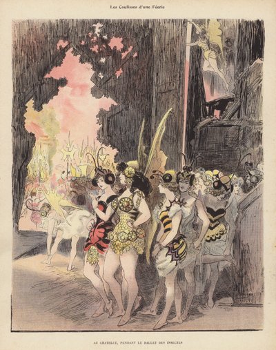 Backstage under en produktion av Ballet des Insectes på Theatre du Chatelet, Paris (färg litho) av Albert Robida