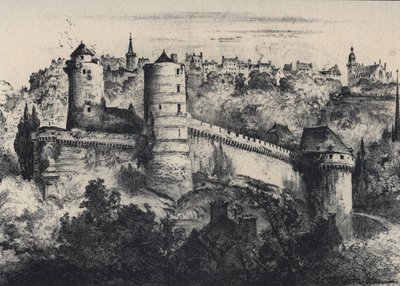 Chateau de Fougeres - slottsfort i departementet Ille-et-Vilaine. Gamla Frankrike - Bretagne - text, teckningar och litografier, av Albert Robida (1848-1926) odaterat slutet av 1800-talet av Albert Robida