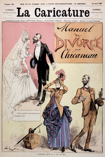 Par gifte sig sedan skilsmässa, "" Le Manuel du divorce"" av Chicaneau, illustration av Albert Robida (1848-1926), omslag. ""Karikatyren"", 1887-04-30. av Albert Robida