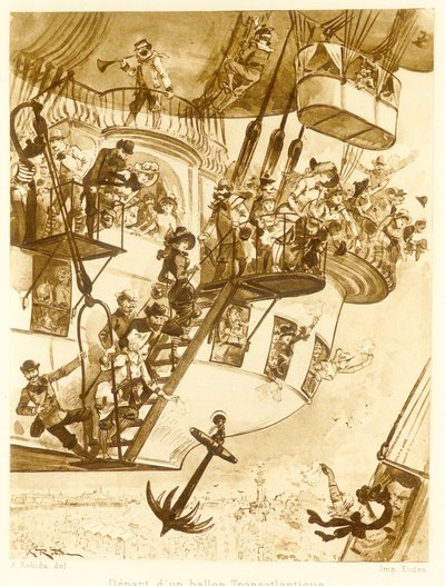 Avgång av en transatlantisk ballong, från Le Vingtieme Siecle, pub. 1883 litografi, 1883. av Albert Robida
