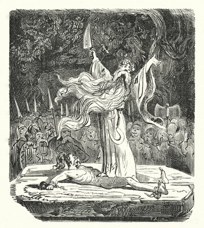Druid som utför ett människooffer (gravyr) av Albert Robida