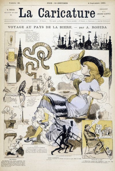 Redigering med kvinna som dricker en ölmugg av Robida - couv. i "" La karikatyren""" av 4/9/1880. av Albert Robida