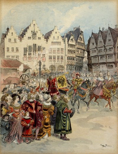Val av Karl V (1500-1558) till Tysklands kejsare den 28 juni 1519. De sju kurfurstkåren går genom Frankfurts (Tyskland) gator. Illustration av Albert Robida