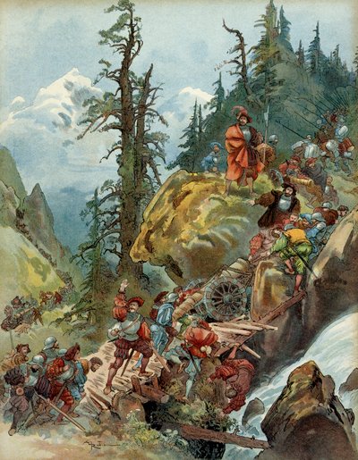 Femte italienska kriget (1515-1516): Alpernas passage i augusti 1515, av Larche-passet, för Francois I:s armé (1494-1547), på väg till Italien. Illustration av Albert Robida