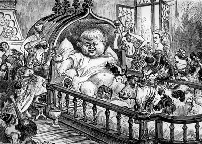 Stora och ovärderliga krönikor av den stora och enorma jätten Gargantua anonyma verk som inspirerade Francois Rabelais för "Pantagruel" 1532, gravyr av Albert Robida: här Gargantua som en baby av Albert Robida