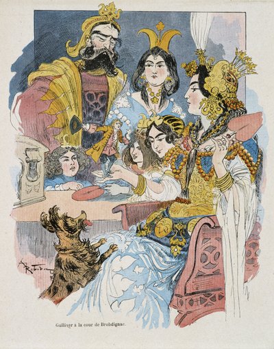 Gulliver vid Brobdignac Court - i "" Gulliver Voyages"" av Swift, ill. av Robida av Albert Robida