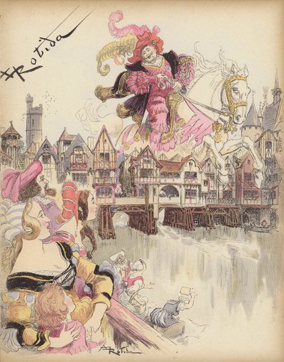 Ryttare som hoppar över en bro (färg litho) av Albert Robida