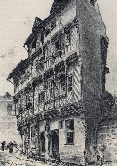 House rue Saint Guillaume i Rennes - Gamla Frankrike - Bretagne - text, teckningar och litografier, av Albert Robida (1848-1926) odaterat slutet av 1800-talet av Albert Robida