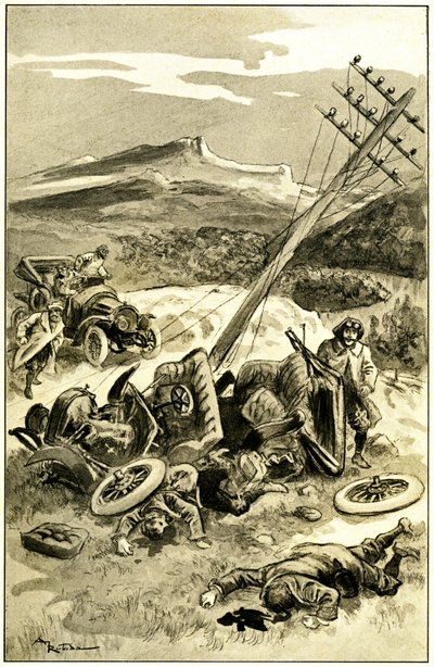 Illustration av Albert Robida (1848-1926) till Leon Berthaults bok "" Le record du tour du monde "", Mame-upplagan från 1900-talet (1911) - en trafikolycka runt 1900: bil som träffade en telegrafisk linjestolpe. Kasta ut passagerare är skadade - av Albert Robida