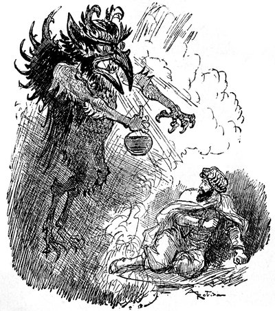Illustration av Albert Robida (1848-1926) av en arabisk legend (1001 nätter) (Tales of the Thousand and One Night): en hemsk demon (ond ande) presenterar en man med en flaska vin. gravyr av boken "Choix de lectures"" Armand Colin 1926. av Albert Robida