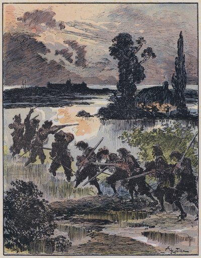 Illustration för Le Capitaine Bellormeau av och illustrerad av A Robida (färg litho) av Albert Robida