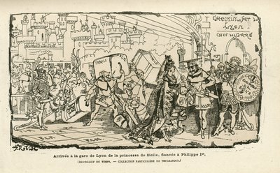 Illustration av Albert Robida (1848-1926) i Histoire de France tintamarresque, ca. 1880 - Station, Ancien regimen, Sicilien - Philippe I av Albert Robida