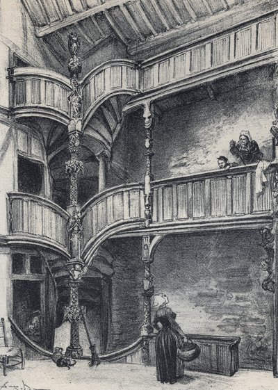 Interiör av ett hus i Morlaix - Gamla Frankrike - Bretagne - text, teckningar och litografier, av Albert Robida (1848-1926) odaterat slutet av 1800-talet av Albert Robida