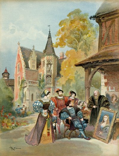 Kung Francois I (1494-1547) köpte Mona Lisa till Leonard de Vinci (Leonardo da Vinci) (1452-1519), nära det kungliga slottet Amboise, mellan 1516 och 1519. Illustration av Albert Robida