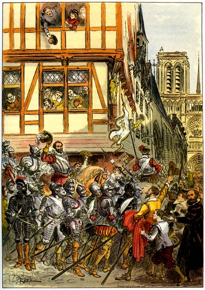 Kung Henri IV av Frankrike hyllas av folkmassan när han anländer till Notre-Dame efter kapitulationen av Paris den 22 mars av Albert Robida