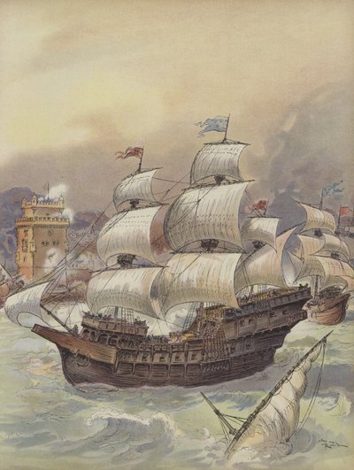 Jean Angos flotta blockerar Tejo och hotar Lissabon av Albert Robida
