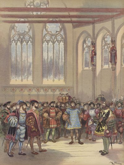 Bourgogne härold, skickad av Charles-Quint, tas emot av Francois I i parlamentets stora sal av Albert Robida