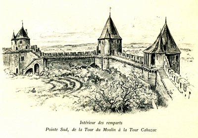 Medeltida stad Carcassonne (Aude, Languedoc, Cathar Country) - Interiör av vallarna, södra spetsen, från Moulin-tornet till Cahuzac-tornet - plats för utomhusteatern - romantisk gravyr av Albert Robida (1848-1926) i en bok utgiven på begi av Albert Robida