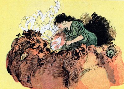 Morgiana dödar 37 tjuvar gömda i burkar (ritning) av Albert Robida