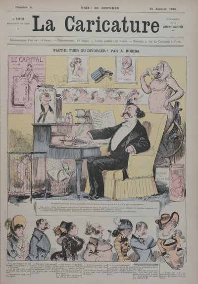 Mord eller skilsmässa, omslaget till "La Caricature" med Alexandre Dumas Fils (1824-95) som "expert" på äktenskapsdramer, 1 januari 1880. av Albert Robida