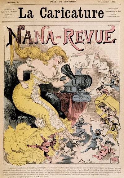 Nana-Revue: tecknad film om Zola och hennes verk "" Nana"" av Robida - i "" La Caricature""" från 1880-01-03 av Albert Robida