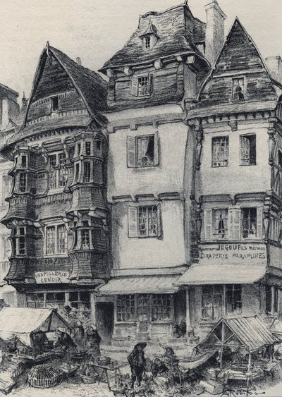 Place du marche i Lannion - Gamla Frankrike - Bretagne - text, teckningar och litografier, av Albert Robida (1848-1926) odaterat slutet av 1800-talet av Albert Robida