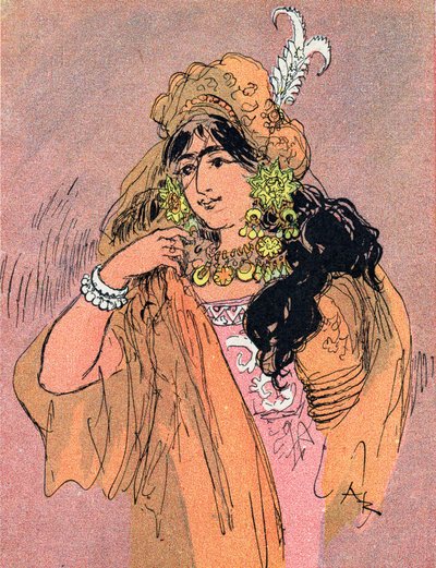 Porträtt av prinsessan Bradoulboudour (Porträtt av prinsessan Badroulbadour) Illustration av Albert Robida (1848-1926) till berättelsen "Aladin och den underbara lampan" i "" les mille et une nuits"" (Illustration till berättelsen "" Aladdin"" i "" The Boo av Albert Robida