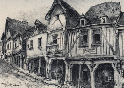 Rue Poterie a Fougeres i departementet Ille-et-Vilaine - Gamla Frankrike - La Bretagne - text, teckningar och litografier, av Albert Robida (1848-1926) av Albert Robida