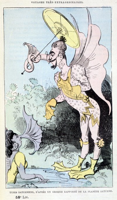 Saturniska typer från en rapporterad skiss av planeten Saturnus (pseudo-antropologiska groteska monster), parodi på Jules Verne, "" Mycket extraordinära resor av Saturnin Farandoul i 5 eller 6 delar av världen och i alla länder som är kända eller okända fö av Albert Robida