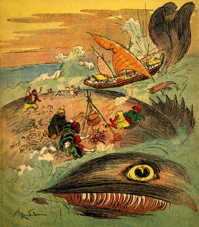 Sindbad sjömannen (Sinbad) - saga om de tusen och en natt (1001) - bok från 1948 som berättar om sina äventyr (Fortin-utgåvan, Wonderful Imaging of childhood collection) - illustration av Albert Robida (1848 - 1926): Sindbad och hans följeslagare har missl av Albert Robida