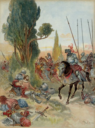 Sjätte italienska kriget (1521-1526): Pierre Terrail de Bayards död (1476-1524), sårad av en arkebusanfall vid Rebec (Italien), 1524, mötte honom Charles de Montpensier, anslutning från Bourbon (1490-1527). . Illustration av Albert Robida