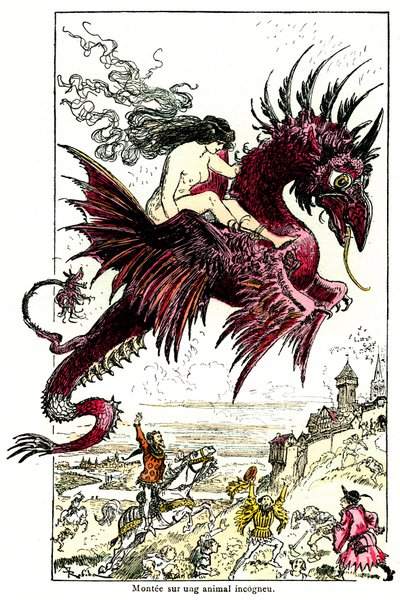 Succubus: kvinnlig demon (kvinna - kvinna) rider på en drake - illustration av Albert Robida för Drolatic Tales av Honore de Balzac - början av 1900-talet av Albert Robida