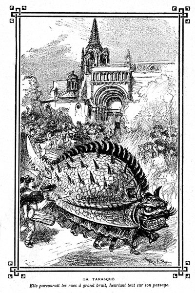 Tarascons Tarasque, fantastiska monster från Provences folklore: illustration av Albert Robida av skolboken "Choice of readings" av A Mironneau, Librairie Armand Colin 1911 - av Albert Robida