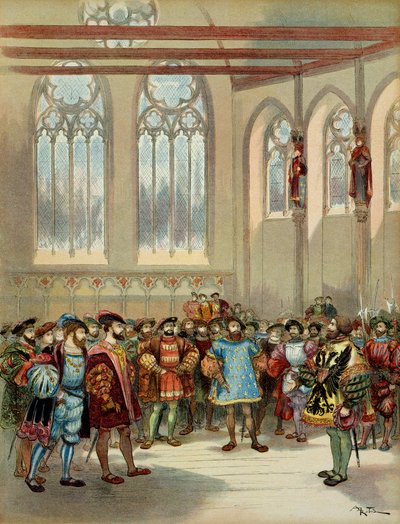 Bourgogne-herauten, skickad av Karl V (1500-1558), togs emot av Francois I (1494-1547) i den stora salen i parlamentet i Paris, första hälften av 1500-talet. Illustration av Albert Robida